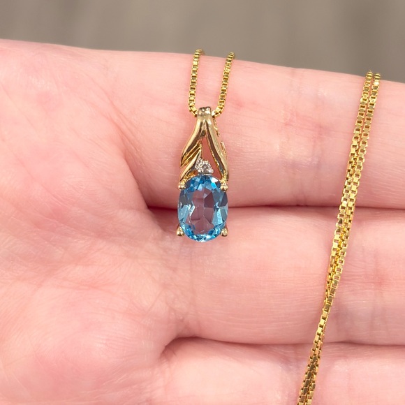 10K Blue Topaz Diamond Pendant: Dainty Small Gold Oval Solitaire Filigree Piece - Picture 4 of 11